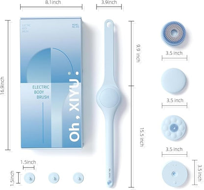 Electric Body Brush Back Scrubber for Shower, Waterproof Long Dual Handle Power Body Scrubber with 3 Heads, Rechargeable Bath Brush & 2 Speeds, for Cleansing, Exfoliating and Massaging Skin