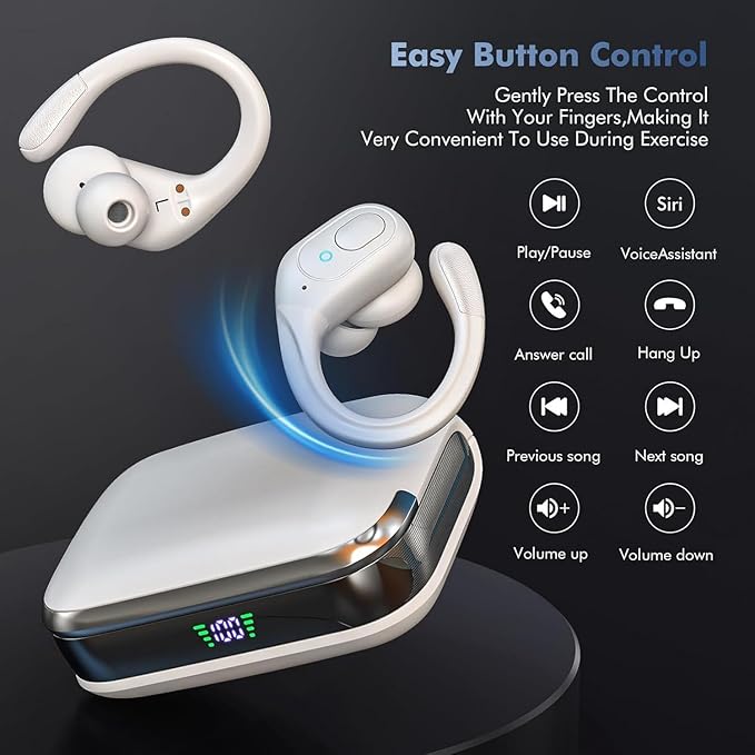 Bluetooth Headphones Wireless Earbuds with 75Hrs Playback, LED Display Charging Case, IPX7 Waterproof, Over-Ear Design Ear Buds for Sports/Running/Workout - White