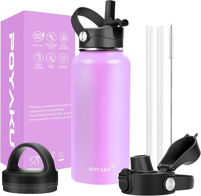 Water Bottle Insulated 32oz 40oz 64oz 128oz Straw Lid Spout Lid & 3 Lids, Leak Proof, Vacuum Insulated,Stainless Steel Water Bottle Wide Mouth for Sports, Gym or Office