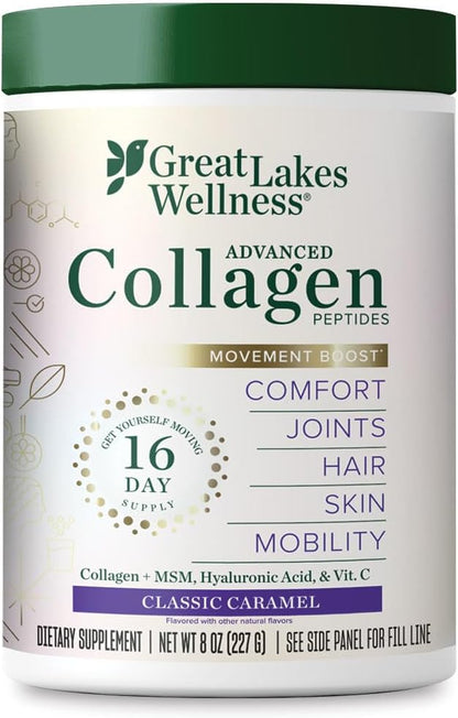 Great Lakes Wellness Movement Boost Advanced Collagen Peptides Powder with MSM, Hyaluronic Acid, Vitamin C - Joint Mobility & Comfort - Caramel Flavored - Non-GMO, Keto, Kosher - 8 oz