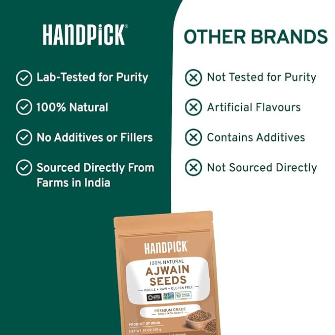 HANDPICK Ajwain Seeds (397g/14oz) Whole Carom Seeds | Vegan, Gluten free, Non GMO | Raw Carom Bishops, Indian Origin | Packed in Resealable Ziplock Pouch