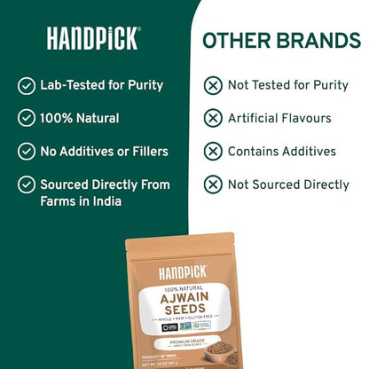 HANDPICK Ajwain Seeds (397g/14oz) Whole Carom Seeds | Vegan, Gluten free, Non GMO | Raw Carom Bishops, Indian Origin | Packed in Resealable Ziplock Pouch