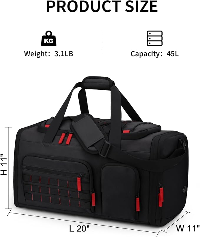 Gym Bags for Men Women, 45L Sports Travel Duffle Bag with Shoe Compartment, 3 in 1 Weekener Overnight Backpack with Wet Pocket, Black