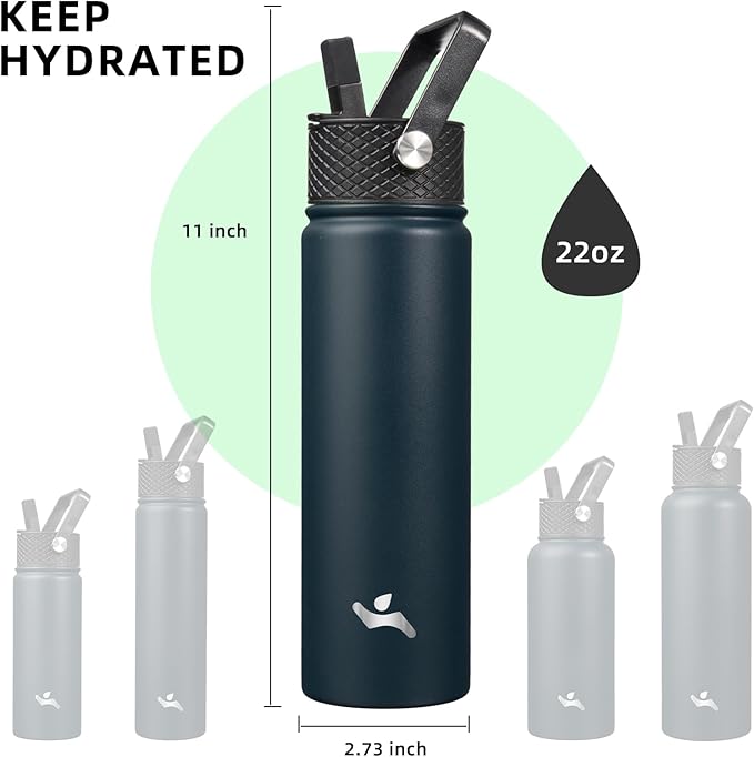 22oz Stainless Steel Bottles with 3 Lids Sport Insulated Water Bottle,Navy Blue