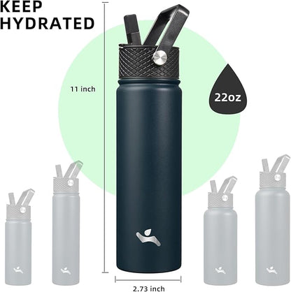 22oz Stainless Steel Bottles with 3 Lids Sport Insulated Water Bottle,Navy Blue