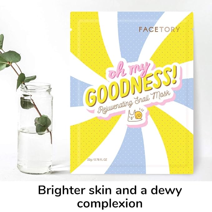 FACETORY K Beauty Face Mask Skin Care - OH MY GOODNESS REJUVENATING SNAIL Sheet Mask with Snail Essence & Hyaluronic Acid | Hydrate, Soothe, Seal in Moisture (10 Pack)