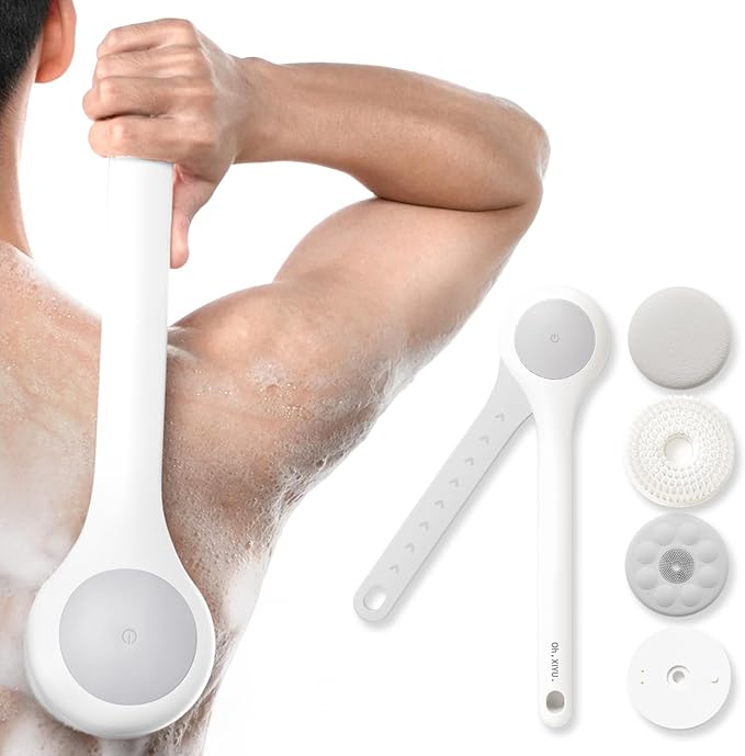Electric Body Brush Back Scrubber for Shower, Waterproof Long Dual Handle Power Body Scrubber with 3 Heads, Rechargeable Bath Brush & 2 Speeds, for Cleansing, Exfoliating and Massaging Skin