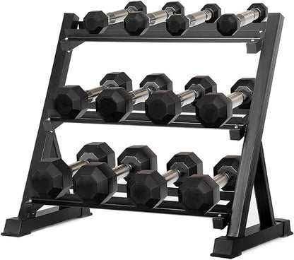 6-10 Pair Iron and Rubber Dumbbell Set 350/450 and 550 lbs 5-50 lbs Hand Free Weight for Strength Hex Coated Weights with Vertical Storage Rack Home Gym 5-50 lb - Black