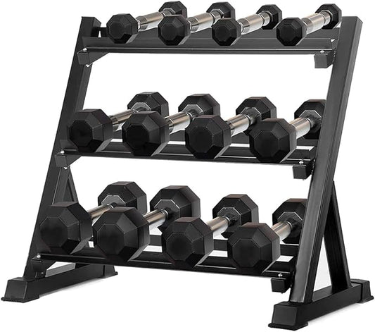 6-10 Pair Iron and Rubber Dumbbell Set 350/450 and 550 lbs 5-50 lbs Hand Free Weight for Strength Hex Coated Weights with Vertical Storage Rack Home Gym 5-50 lb - Black
