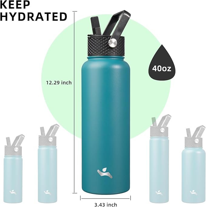 40oz Insulated Water Bottle Stainless Steel Sport Bottles with 3 Lids,Light Blue