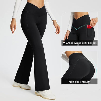 baleaf Women's V Crossover Flare Leggings with Pockets Yoga Pants High Waist Casual Workout Gym Bell Bottom Leggings