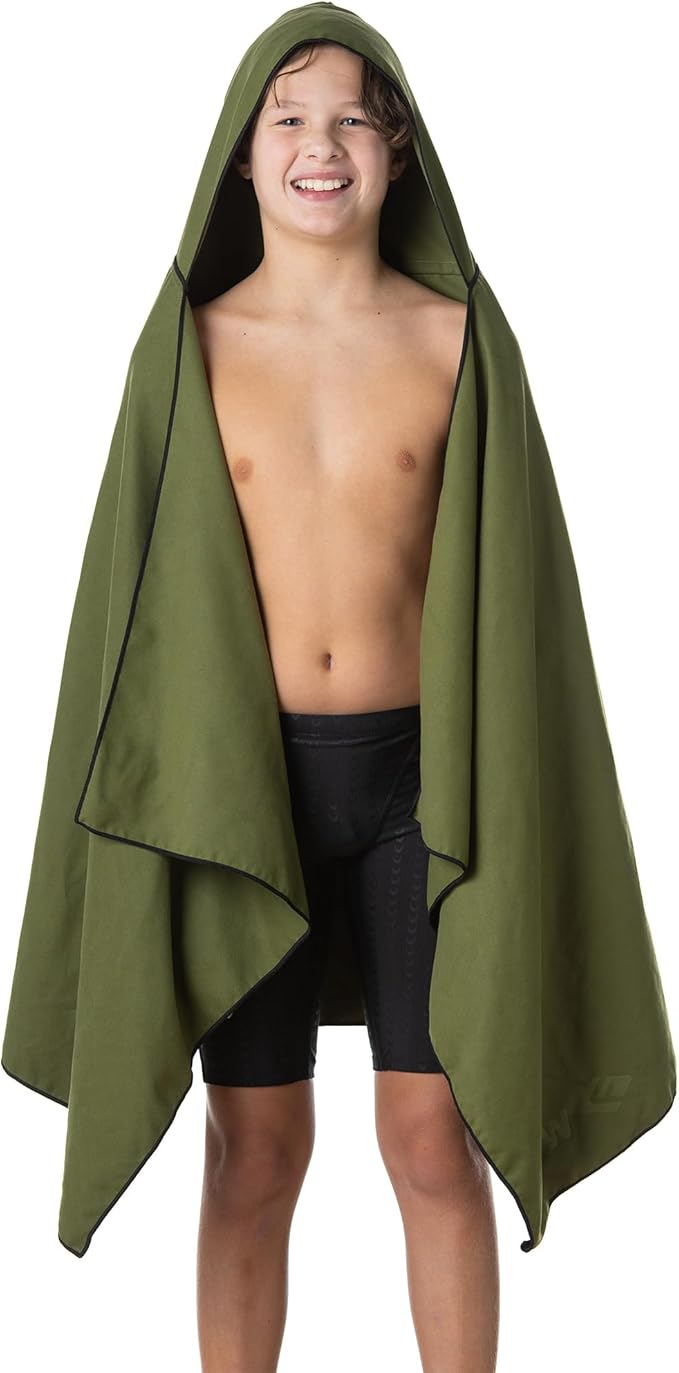Flow Hydro Sport Towel - Microfiber Quick Dry Swimming Towels for Swim, Pool, Triathlon, and Other Water Sports in Medium, Large, Extra Large, and Hooded Sizes (Army Green, Large w/Hood)