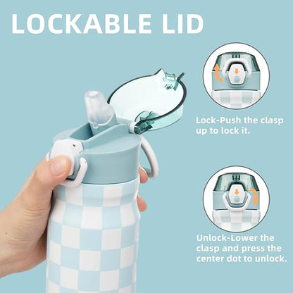 Insulated Water Bottle with Straw and Carry Loop,18 oz Stainless Steel Double Wall Vaccum Metal Water Flask with Leak-proof Lid,Blue White Plaid