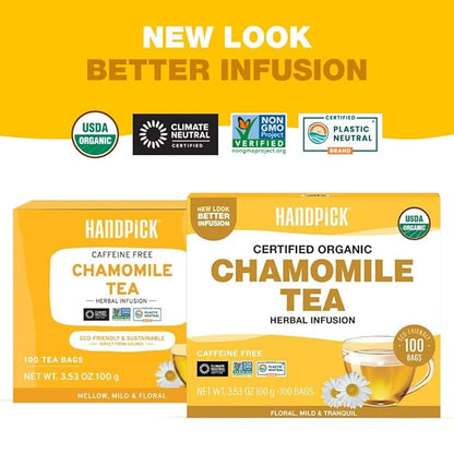 HANDPICK, Organic Chamomile Tea Bags (100 Herbal Tea Bags) Caffeine Free| Premium Floral Chamomile Herbal Tea in Eco-Conscious Teabags | Direct from Source
