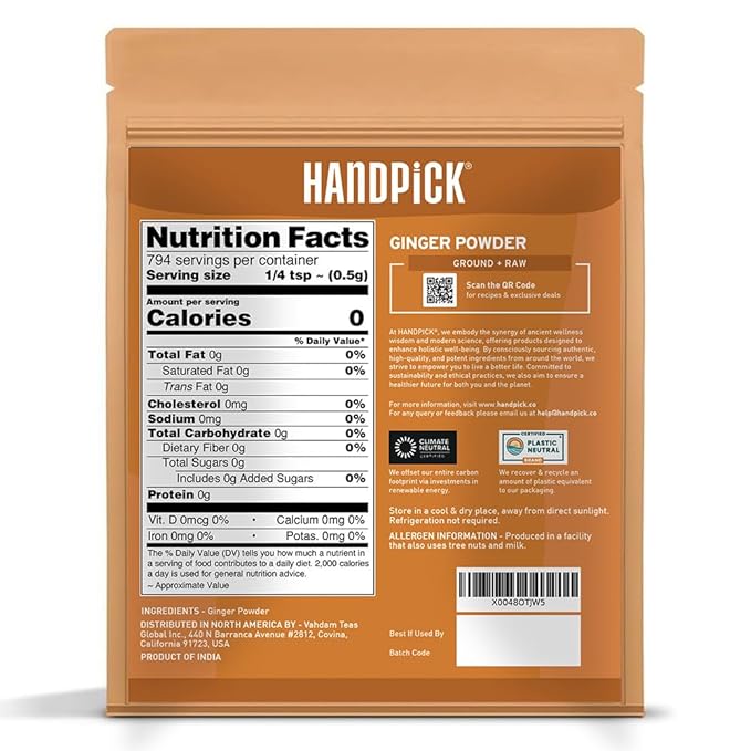 HANDPICK Ginger Powder (14oz/397g) No Additives, No Preservatives, No Fillers | Ginger Root Powder from India | Raw, Gluten Free, Non GMO | Perfect for Cooking, Baking | Resealable Zip Lock Pouch