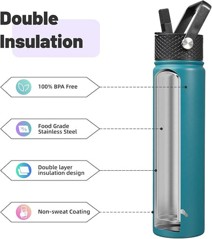 Insulated Water Bottle 24oz Stainless Steel Sport Bottles with 3 Lids,Light Blue