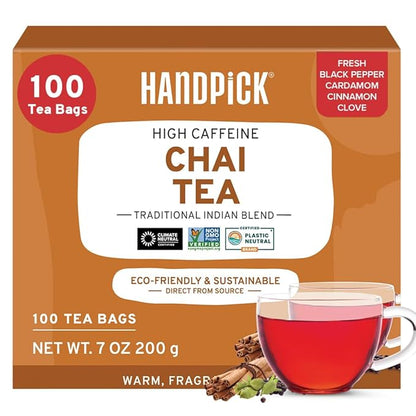 HANDPICK Masala Chai Tea Bags (100 Count) Strong Robust & Aromatic, Blended with Exotic Spices, Cinnamon, Black Pepper, Cloves & Cardamom - Premium Quality Eco-conscious Round Bags