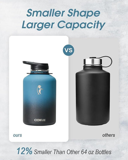 Coolflask 64 oz Water Bottle Insulated with Strap, Half Gallon Water Jug Stainless Steel with Straw & Spout Lids, Metal Large Water Flask, Keep Cold 48h Hot 24h, Leak Proof & Non-BPA, Prussian Blue