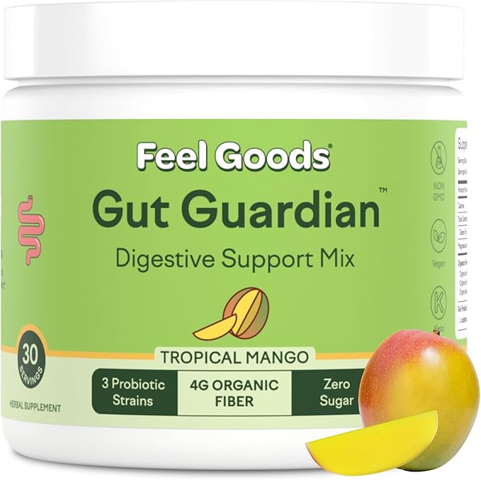 Feel Goods Gut Guardian, Organic Fiber, Probiotic & Prebiotic Powder, Sugar Free, Herbs for Bloat, Gut Health Support, Digestive Health for Men & Women, Non GMO, Vegan, Tropical Mango, 30CT