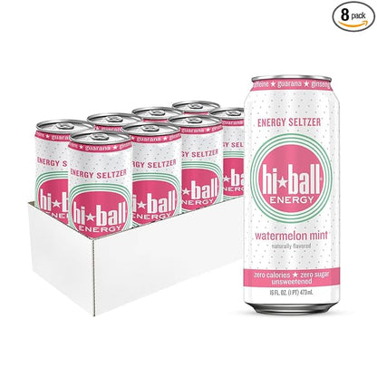 Hiball Clean Energy Drink - Watermelon Mint - Zero Sugar, Zero Calorie Sparkling Water with 160mg Organic Caffeine, 50mg Organic Ginseng, 50mg Organic Guarana and B Vitamins - 16 fl oz (8-Pack)