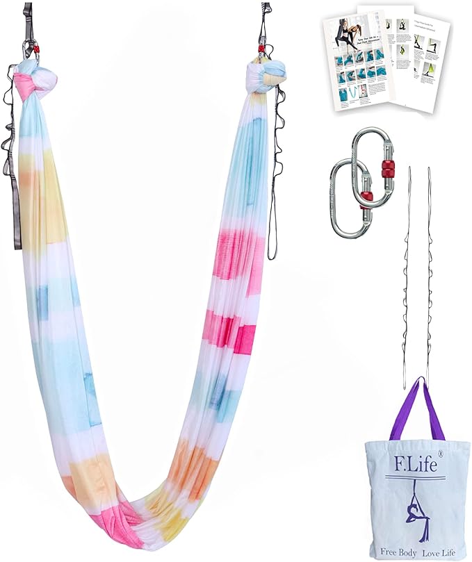 F.Life Aerial Yoga Hammock kit- Yoga Swing Multicolor 5 yards-Flying Yoga Include Daisy Chain,Carabiner and Pose Guide