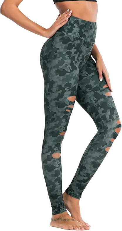 DIBAOLONG Womens High Waist Yoga Pants Cutout Ripped Tummy Control Workout Running Yoga Skinny Leggings