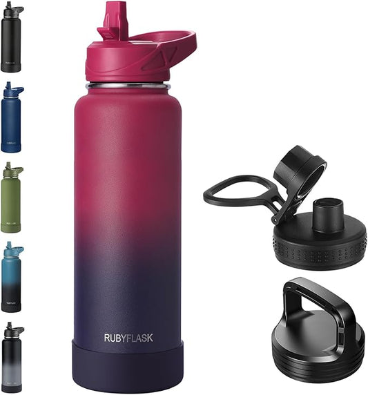 40oz Insulated Water Bottle with Straw, Stainless Steel Metal Vacuum Water Flask, Large Thermal Water bottle with Leakproof 3 Lids for Travel, Camping, Gym Sports Dark Rainbow