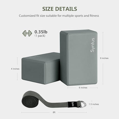 Syntus Yoga Block and Yoga Strap Set, 2 Soft Non-Slip Yoga Blocks 9×6×4 inches, 8FT Metal D-Ring Strap for Yoga, General Fitness, Pilates, Stretching and Toning