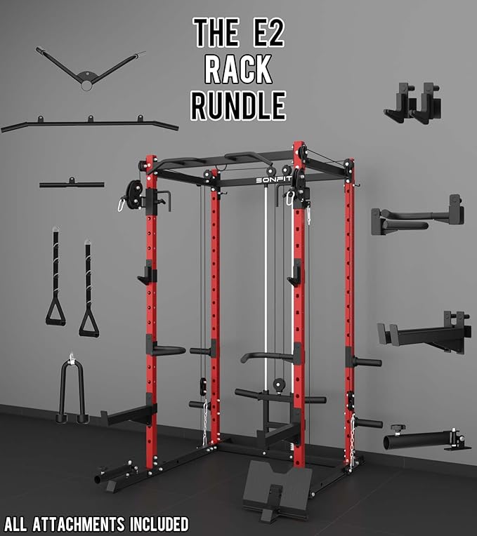 Eonfit E2 Power Cage，1500LB Squat Rack with Cable Crossover System.Multi-Function Power Rack for Home Gum.All-in-One Squat Rack with More Training Attachments