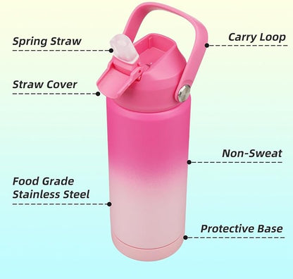 Insulated Water Bottle with Straw Lid,18 oz Stainless Steel Vacuum Metal Bottle with Silicone Handle,Cherry Blossom