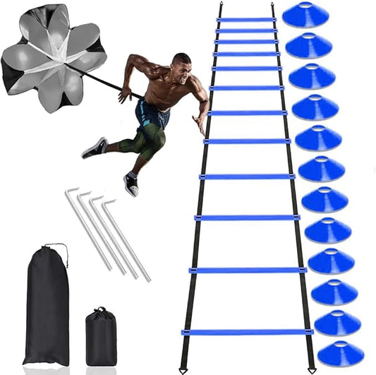 Football Training Equipment | Speed Agility Training Set, Including 1 Agility Ladder, 4 Steel Piles,12 Disc Cones,1 Resistance Umbrella .| for Athletes/Sports Including Football & Basketball