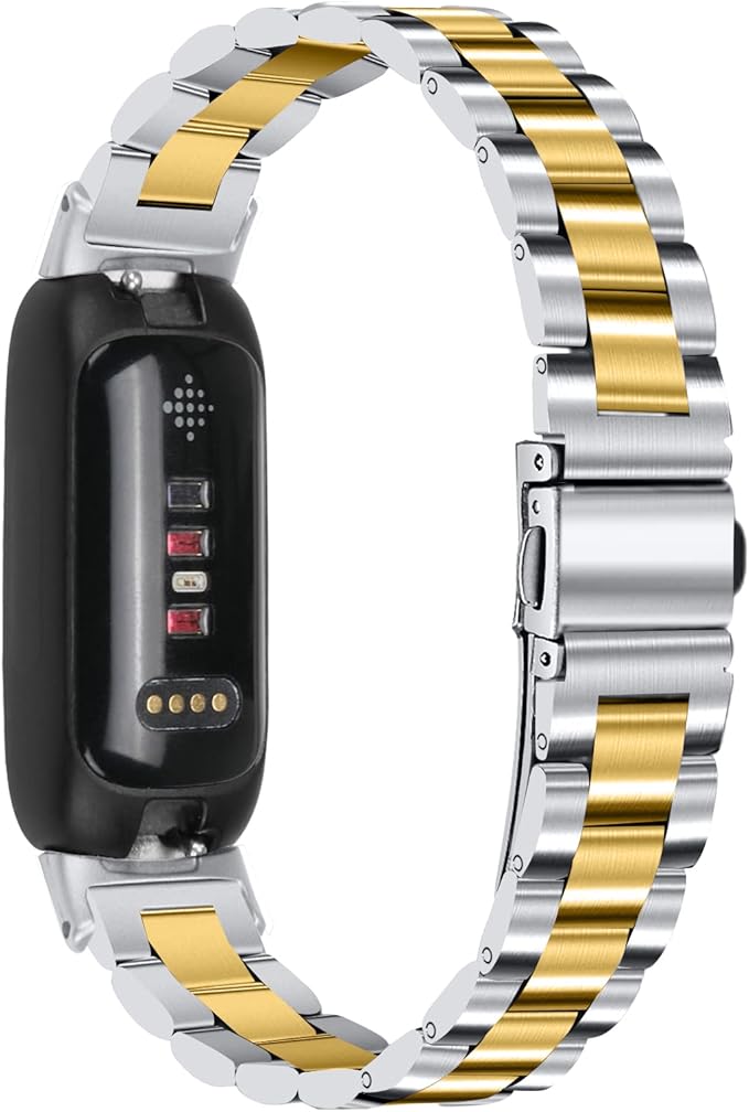 Stainless Steel Band Compatible with Fitbit Inspire 3, Adjustable Metal Watch Bands Bracelets，Wristband Replacement for Women Men(Silver-Gold)