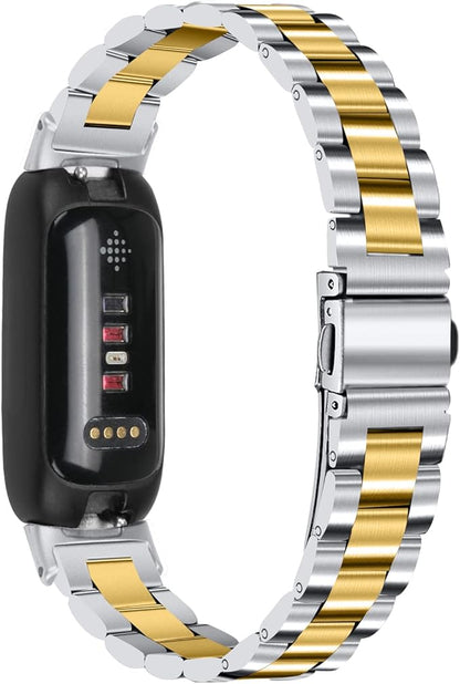 Stainless Steel Band Compatible with Fitbit Inspire 3, Adjustable Metal Watch Bands Bracelets，Wristband Replacement for Women Men(Silver-Gold)