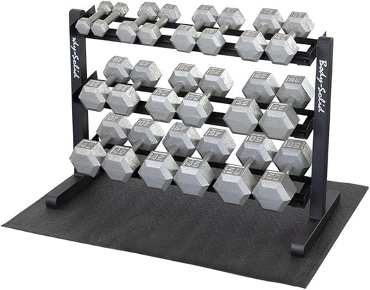 Body Solid (GDR363-RFHEX) Dumbbell Holder Rack with Hex Dumbbell Set 5-50 lbs & Vinyl Floor Mat, Weight Stand Rack for Dumbbells, Home and Commercial Gym Accessories
