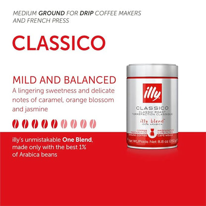 Illy Caffe Coffee - Ground Coffee - Medium Roast for Drip Coffeemakers - 8.8 oz - Case of 6