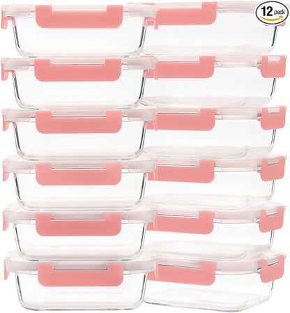Glass Meal Prep Containers 12-Pack, 22oz Glass Food Storage Containers with Lids, Air-Tight, Leak-Resistant, Freezer to Microwave Safe-Pink Set