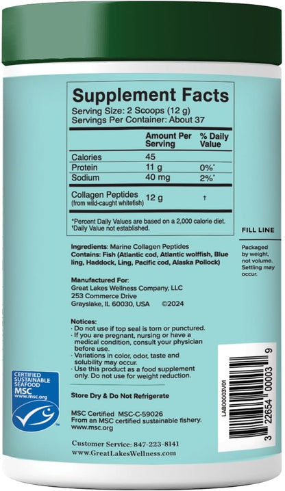 Great Lakes Wellness Sustainable Marine Collagen Peptides Powder for Skin, Hair, Nails, Joints & Digestion - Unflavored - Quick Dissolve Hydrolyzed, Wild Caught, MSC Certified, Non-GMO, Kosher - 8 oz