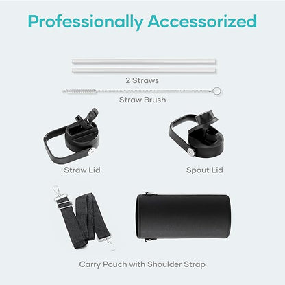 BUZIO Stainless Steel Water Bottle (Cold for 48 Hrs, Hot for 24 Hrs), 32 oz Vacuum Insulated Water Bottle with Straw Lid and Flex Cap (Double Wall, Wide Mouth, BPA Free, Leak Proof), Black