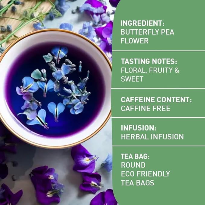 HANDPICK, Butterfly Pea Flower Tea (100 Herbal Tea Bags) | Caffeine Free, Non GMO | Premium Dried Butterfly Pea Flowers For Blue & Purple Drinks, Food Coloring | Iced Teas, Coolers, Cocktails