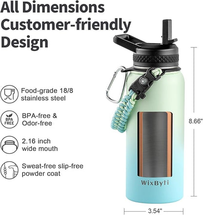 32 oz Insulated Water Bottle with Straw (Cold for 48 Hrs), Stainless Steel Triple Wall Vacuum Sports Water Jug, Leakproof Hydro Cup Flask with Paracord Handle & Straw Spout Lids & DIY Stickers