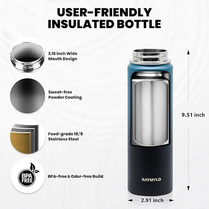 Insulated Water Bottle 20 oz, Triple Wall Vacuum Stainless Steel (Cold for 48 Hrs), Leak Proof & Non-BPA, Kids Water Bottle Jug for School with Straw Spout Lids, Indigo/Black