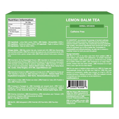 HANDPICK Lemon Balm Tea Bags – 100 Count | 100% Pure Natural Dried Lemon Balm Herb | Caffeine-Free Herbal Tea with Citrus Flavor & Aroma | Round Eco-conscious Teabags