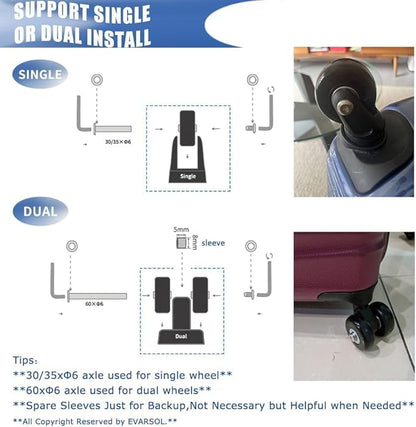 45mm 4PCS Luggage Replacement Wheels & Hacksaw for Trolley Case Bags; Inline, Swivel, Rubber & Roller Bearings Repair Kits with Axles