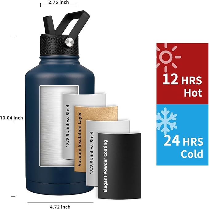 Insulated Water Bottle 64oz,Triple Wall Vacuum Stainless Steel(Dishwasher Safe),Leak Proof & Non-BPA,Flask Jug with Paracord Handle & Straw Spout Lids Sports