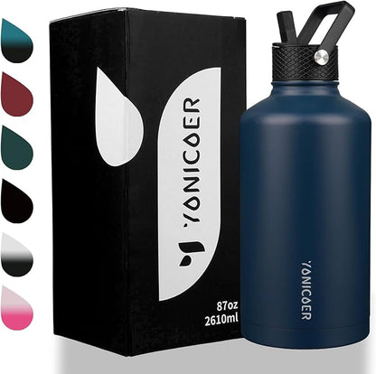 Insulated Water Bottle 64oz,Triple Wall Vacuum Stainless Steel(Dishwasher Safe),Leak Proof & Non-BPA,Flask Jug with Paracord Handle & Straw Spout Lids Sports