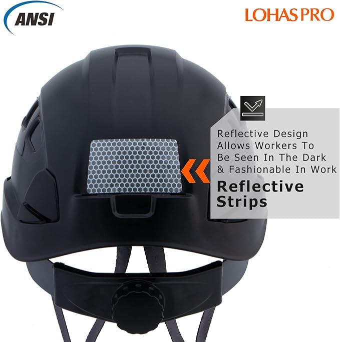 Hard Hats Construction Safety Helmet ANSI Z89.1 Approved OSHA Hardhat, LOHASPRO Vented Men Worker Black Hard Hat with Chin Strap Tree Climbing Rescue Arborist Helmet (P2 Black)