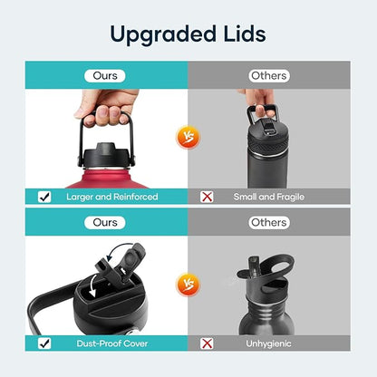 128oz Insulated Water Bottle, BUZIO Gallon Water Jug with Straw Lid and Carrying Sleeve (Cold for 48 Hrs) Stainless Steel Hydro Metal Canteen Water Flask, Ruby Red Navy