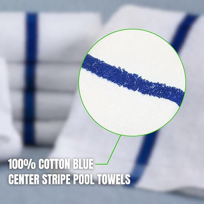 Towels N More 24x48 Soft Poolside Towels - 24 Large Super Absorbent Pool Towel White and Blue Center Stripe - Ideal for Home, Pool, Spa, Gym, Hotel, Motel Rental Room Use - 100% Cotton Bath Towels