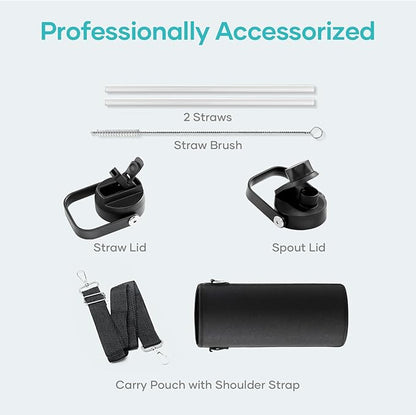 BUZIO Double Wall Stainless Steel Sports Wide Mouth Water Bottle, BPA-Free Flex Cap and Straw Lid, 40 Ounces & 32 Ounces Water Bottle, Sea Breeze