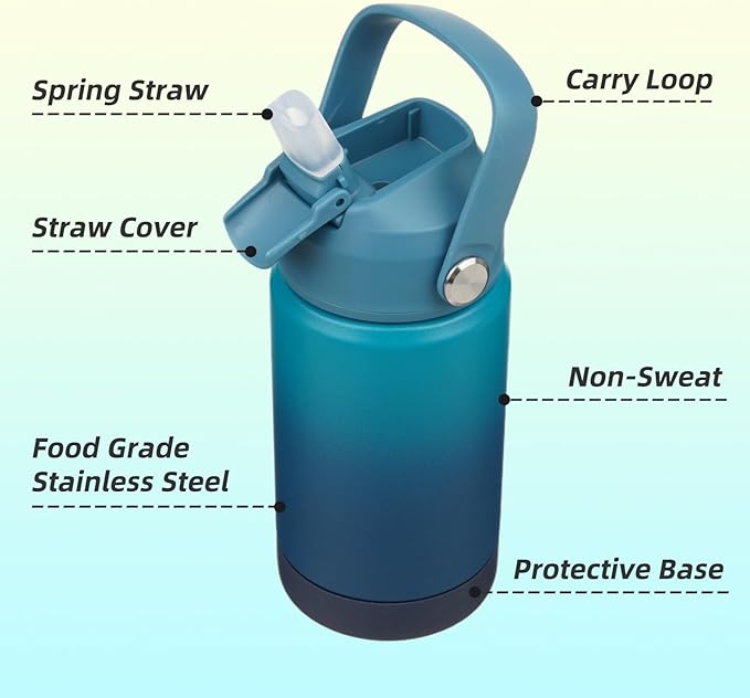 Insulated Water Bottle with Straw Lid,12 oz Stainless Steel Vacuum Metal Bottle with Silicone Handle,Vast